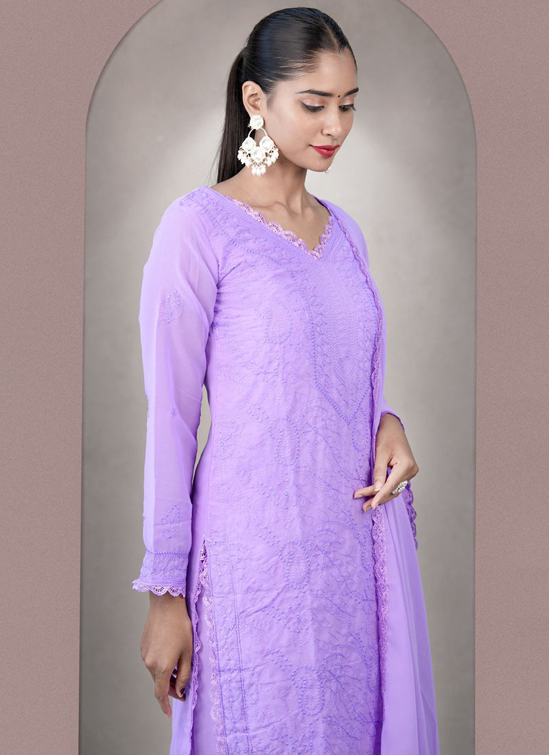 Lavender Georgette Chikankari Palazzo Style Kurta Set