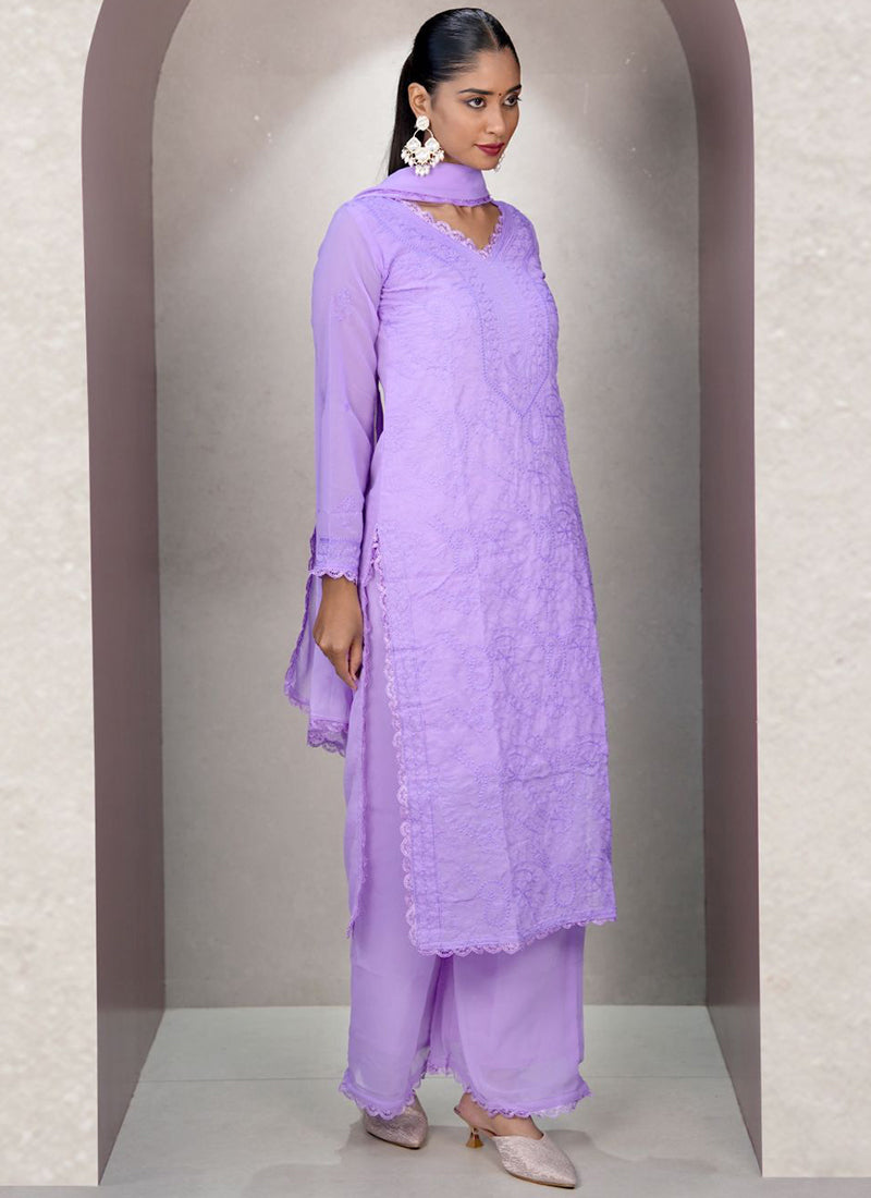 Lavender Georgette Chikankari Palazzo Style Kurta Set