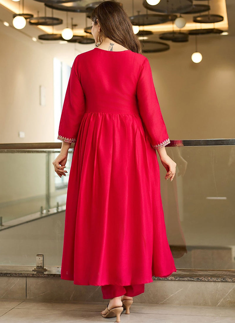 Rani Pink Embroidered Anarkali Style Kurta Set