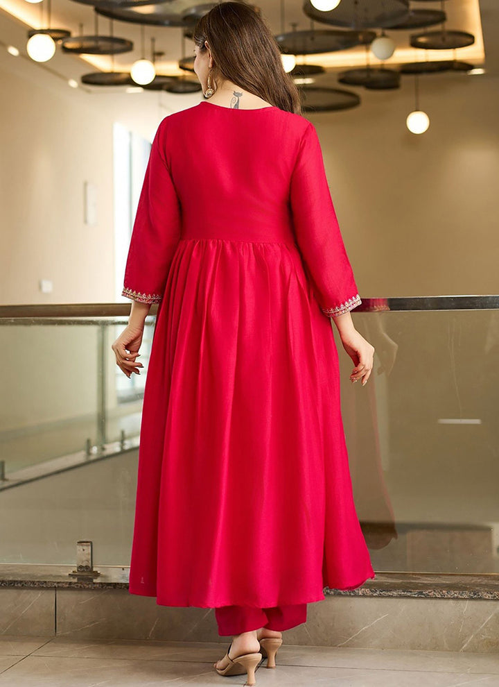 Rani Pink Embroidered Anarkali Style Kurta Set