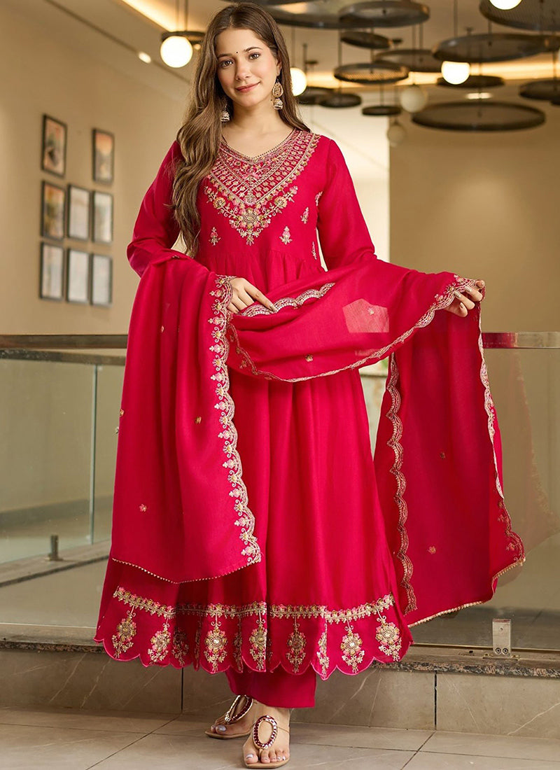 Rani Pink Embroidered Anarkali Style Kurta Set