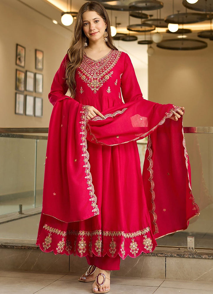 Rani Pink Embroidered Anarkali Style Kurta Set