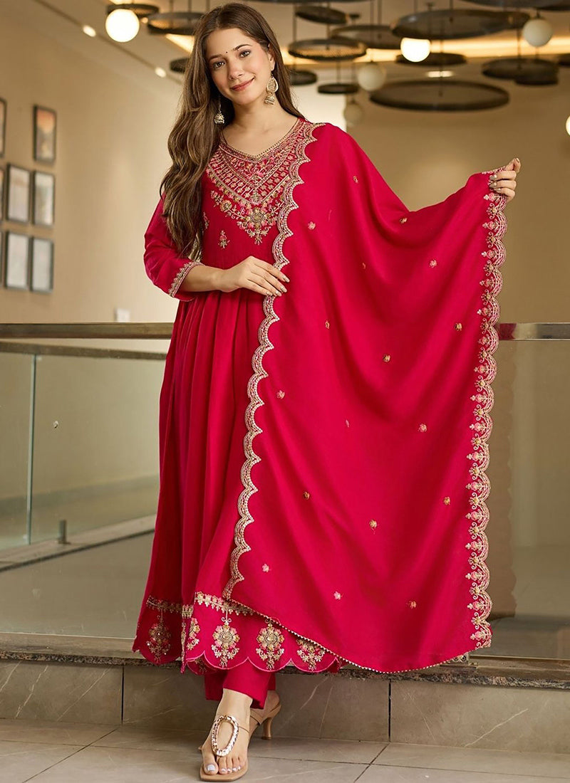 Rani Pink Embroidered Anarkali Style Kurta Set