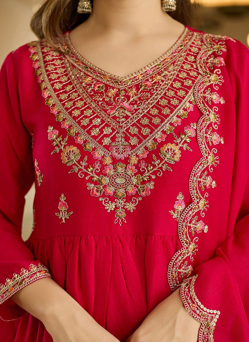 Rani Pink Embroidered Anarkali Style Kurta Set