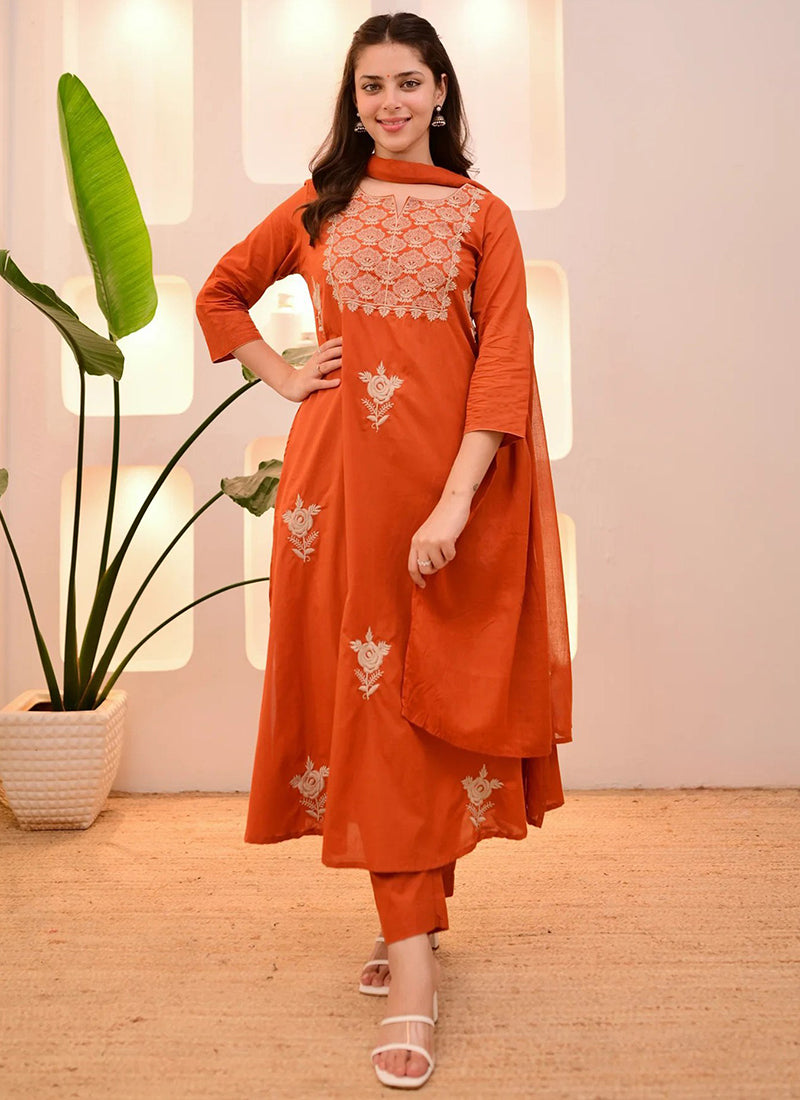 Orange Tesla Embroidered Anarkali Style Kurta Set