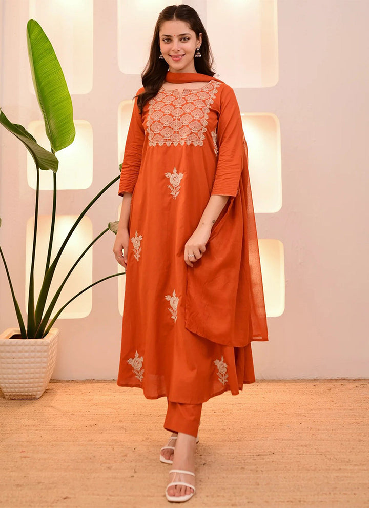 Orange Tesla Embroidered Anarkali Style Kurta Set