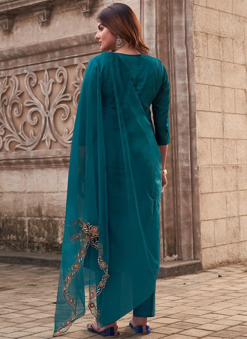 Teal Shaded Tesla Embroidered Pant Style Kurta Set