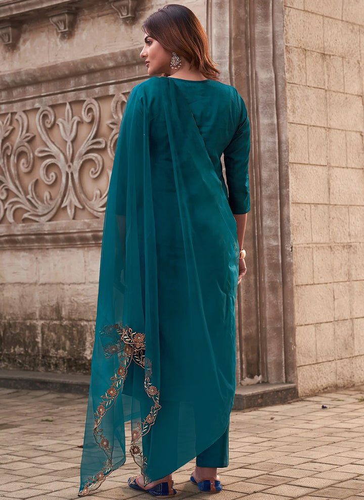 Teal Shaded Tesla Embroidered Pant Style Kurta Set