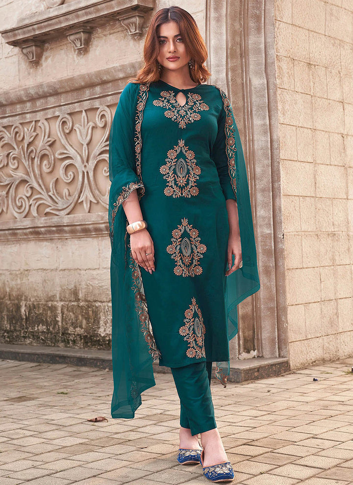 Teal Shaded Tesla Embroidered Pant Style Kurta Set