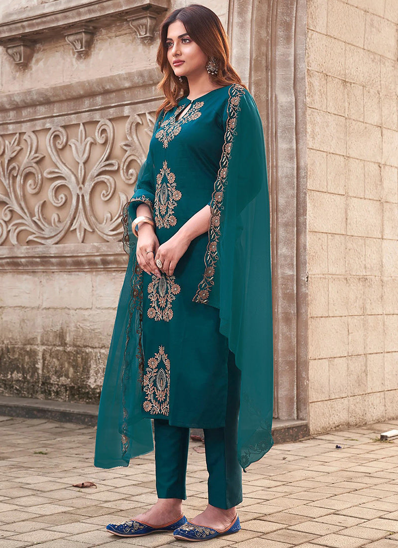 Teal Shaded Tesla Embroidered Pant Style Kurta Set