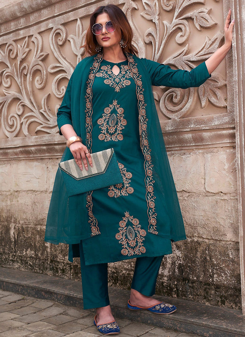 Teal Shaded Tesla Embroidered Pant Style Kurta Set