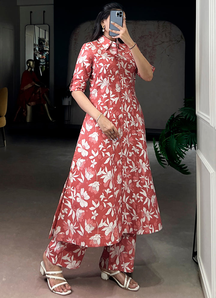 Crimson Red Chanderi Floral Printed Festive Cord Set