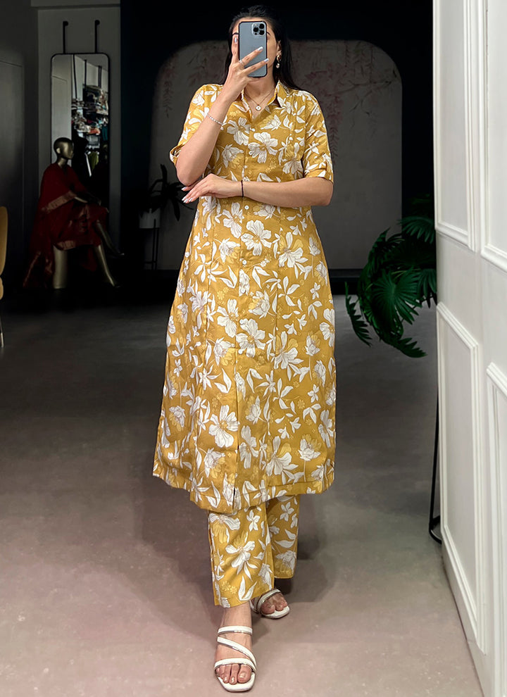 Mustard Chanderi Floral Printed Festive Cord Set