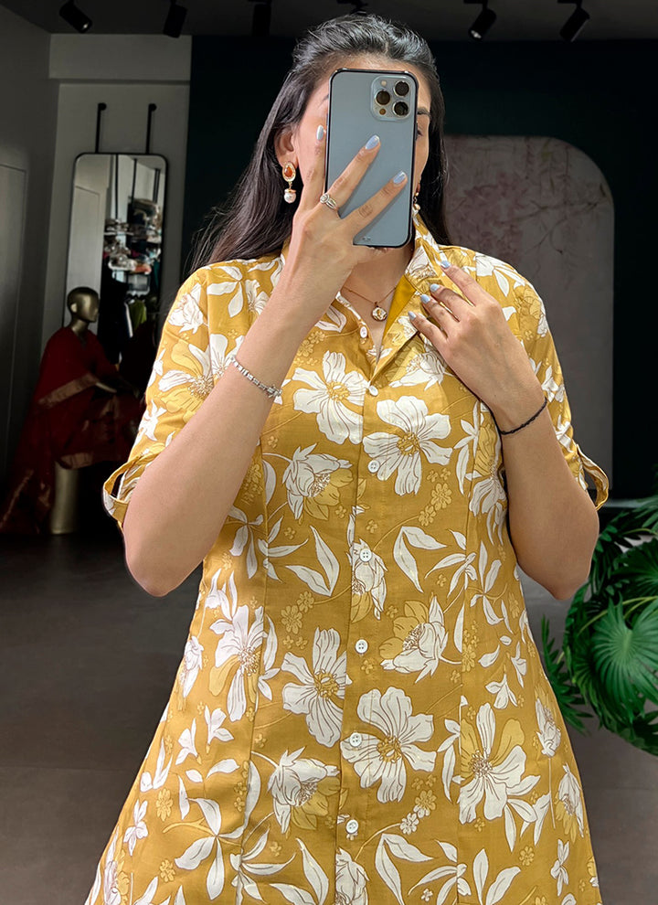 Mustard Chanderi Floral Printed Festive Cord Set