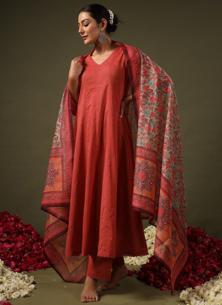 Rust Rayon Printed Festive Kurta Set
