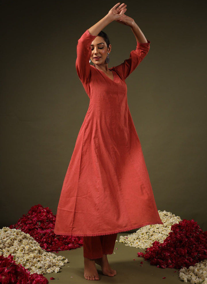 Rust Rayon Printed Festive Kurta Set
