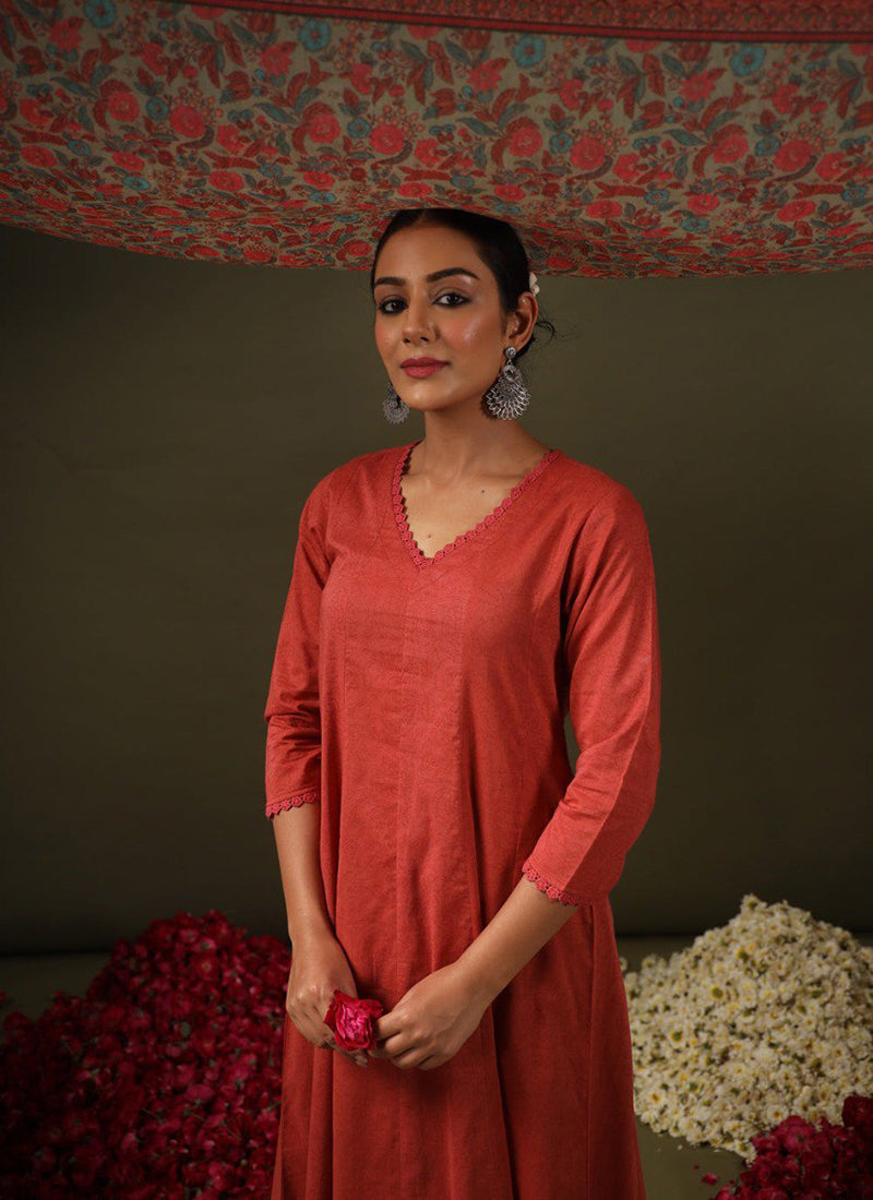 Rust Rayon Printed Festive Kurta Set