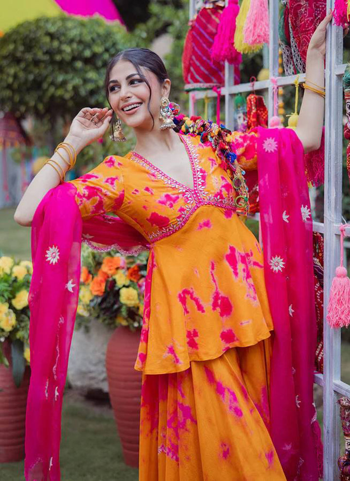 Orange French Crepe Printed Short Kurta With Palazzo Pant