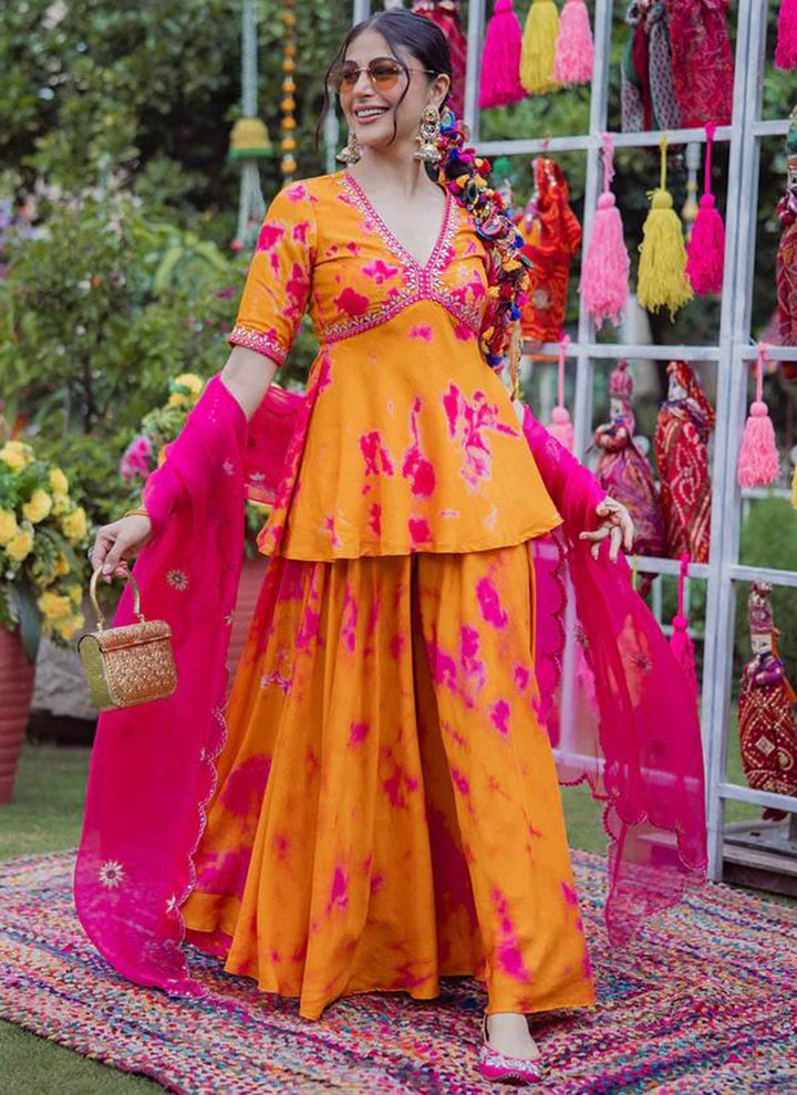 Orange French Crepe Printed Short Kurta With Palazzo Pant