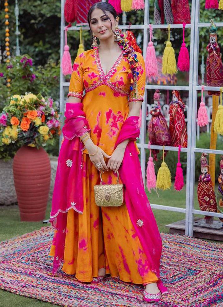 Orange French Crepe Printed Short Kurta With Palazzo Pant