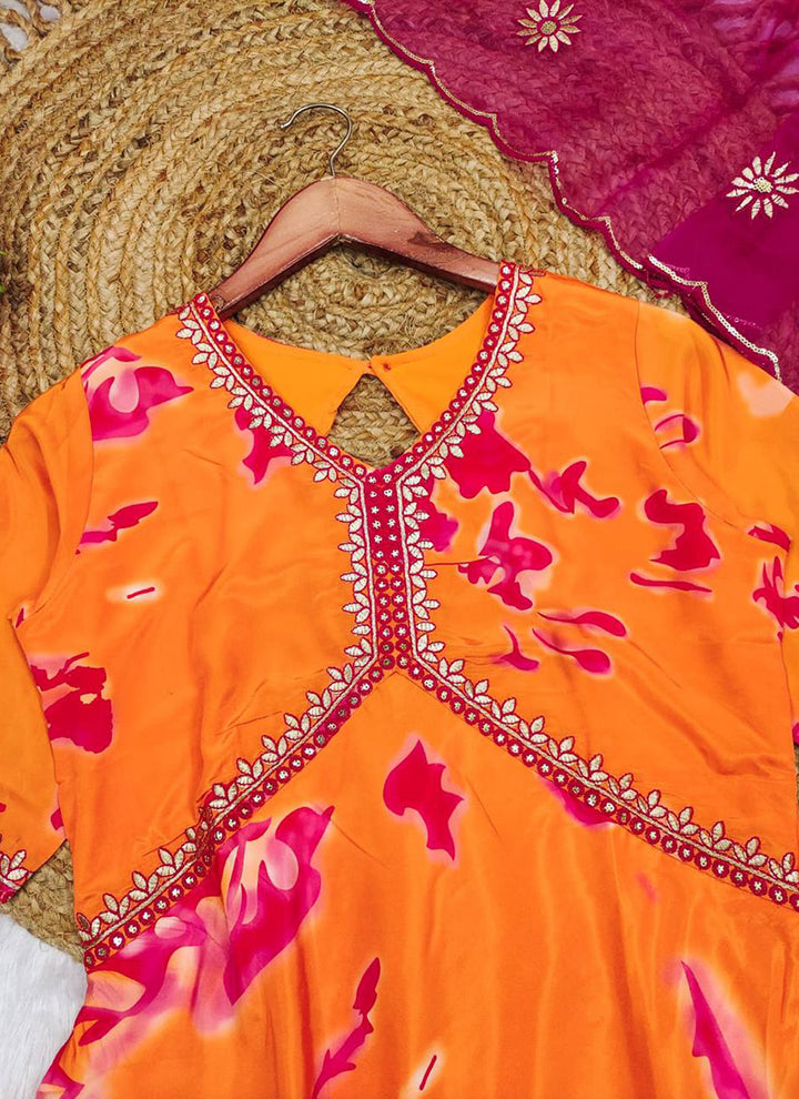 Orange French Crepe Printed Short Kurta With Palazzo Pant