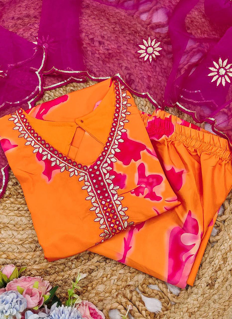 Orange French Crepe Printed Short Kurta With Palazzo Pant