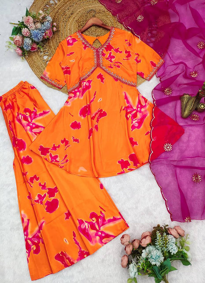 Orange French Crepe Printed Short Kurta With Palazzo Pant