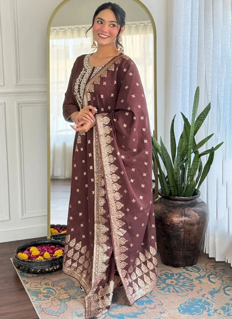 Brown Cotton Blend Embroidered Festive Kurta Set