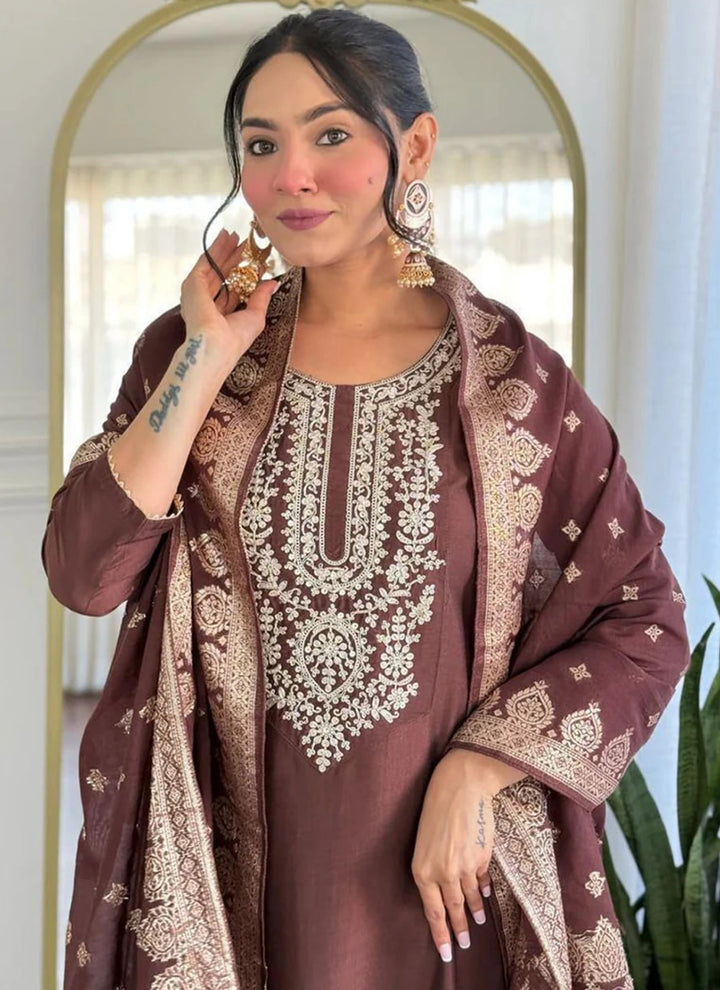 Brown Cotton Blend Embroidered Festive Kurta Set