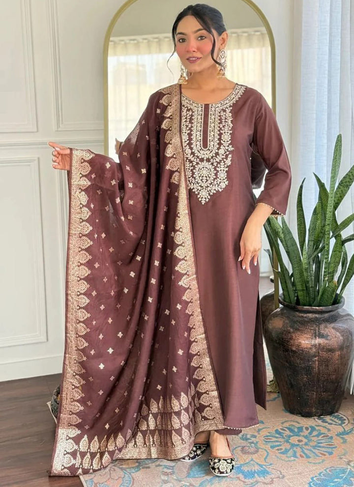 Brown Cotton Blend Embroidered Festive Kurta Set