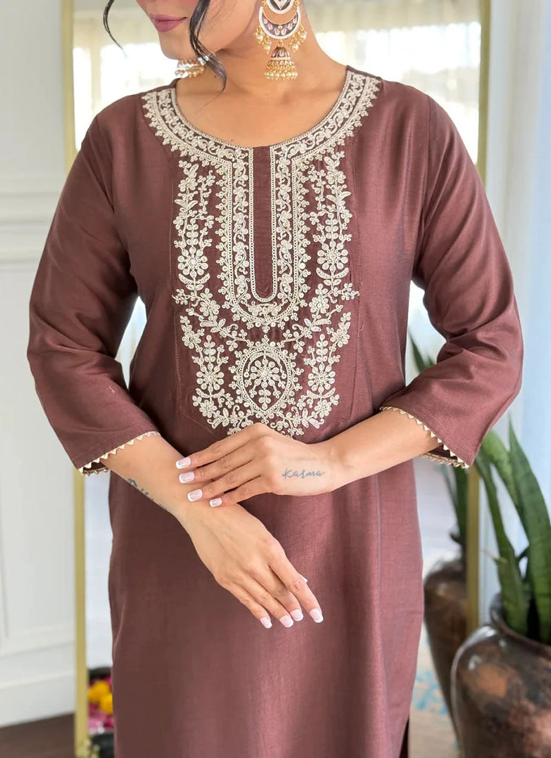Brown Cotton Blend Embroidered Festive Kurta Set