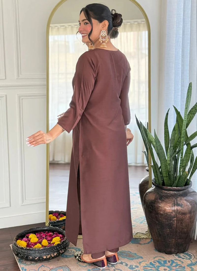 Brown Cotton Blend Embroidered Festive Kurta Set