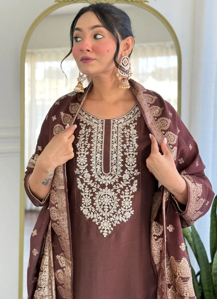 Brown Cotton Blend Embroidered Festive Kurta Set
