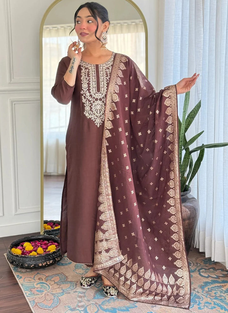 Brown Cotton Blend Embroidered Festive Kurta Set