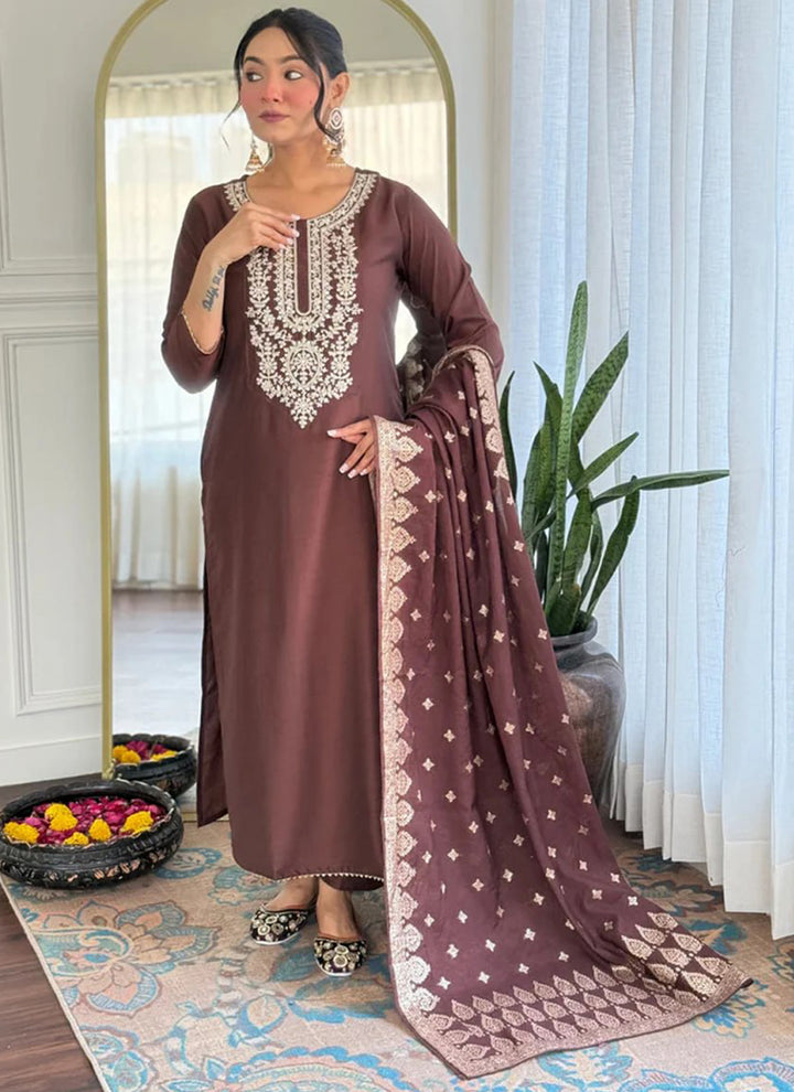 Brown Cotton Blend Embroidered Festive Kurta Set