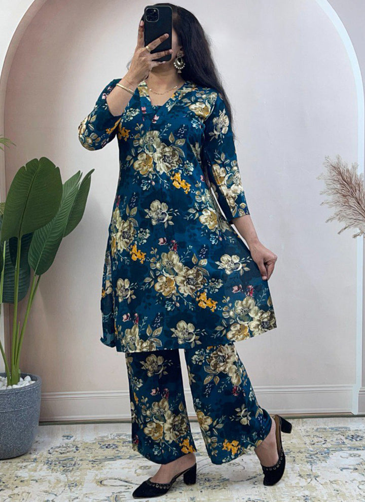 Deep Blue Soft Rayon Cotton Floral Printed Cord Set