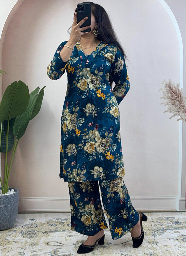 Deep Blue Soft Rayon Cotton Floral Printed Cord Set