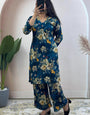 Deep Blue Soft Rayon Cotton Floral Printed Cord Set