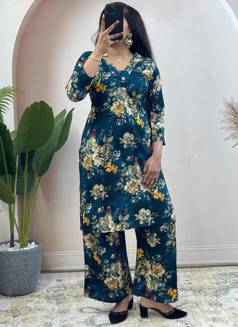 Deep Blue Soft Rayon Cotton Floral Printed Cord Set