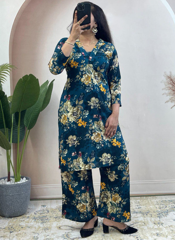 Deep Blue Soft Rayon Cotton Floral Printed Cord Set