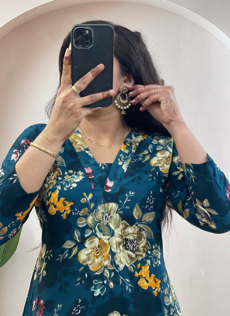 Deep Blue Soft Rayon Cotton Floral Printed Cord Set