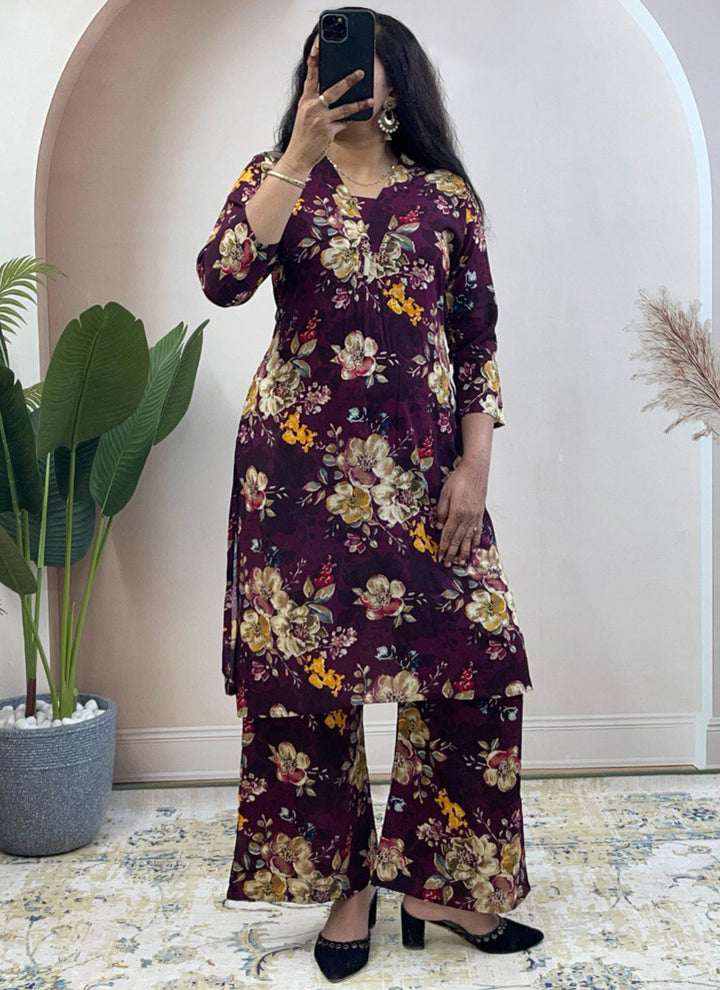Burgundy Soft Rayon Cotton Floral Printed Cord Set