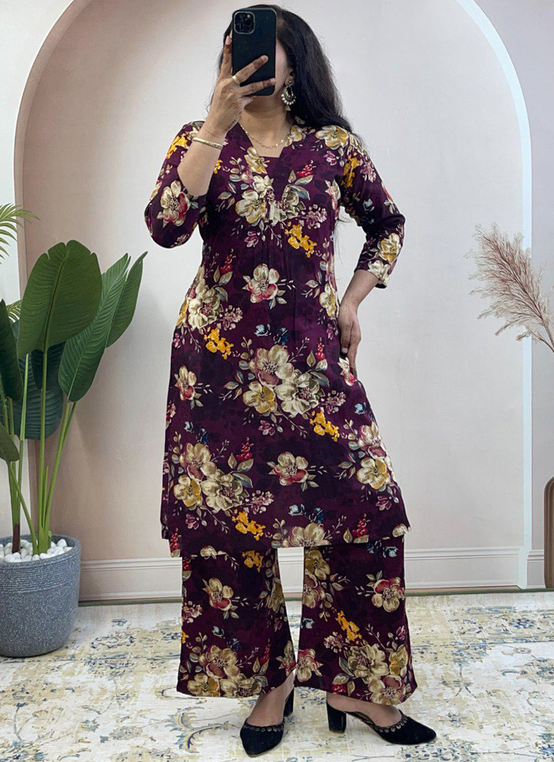 Burgundy Soft Rayon Cotton Floral Printed Cord Set