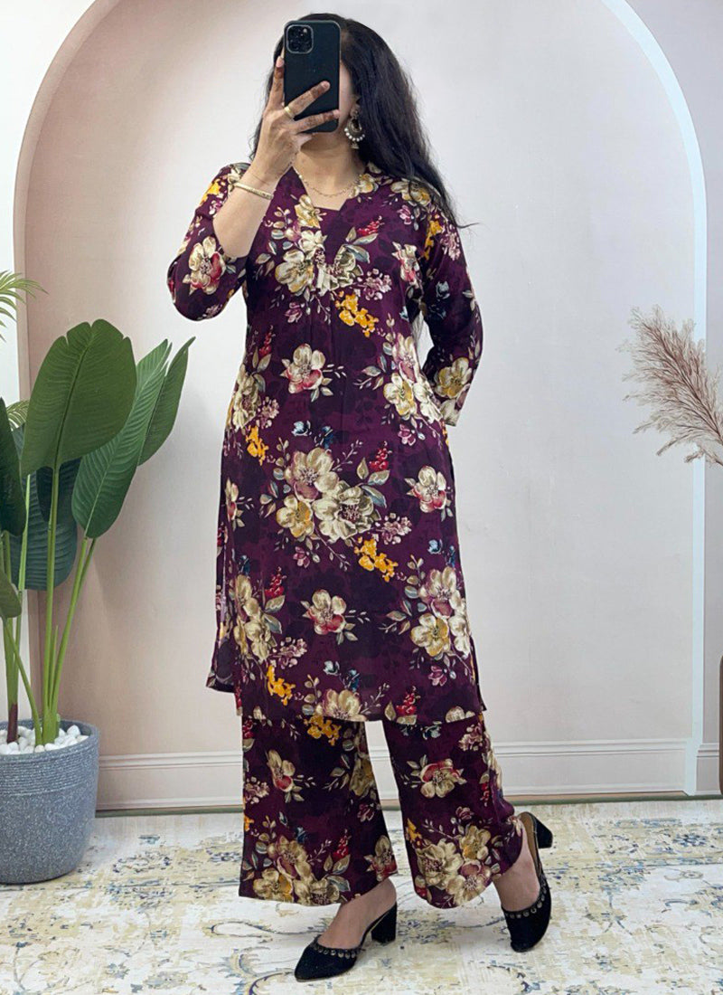 Burgundy Soft Rayon Cotton Floral Printed Cord Set