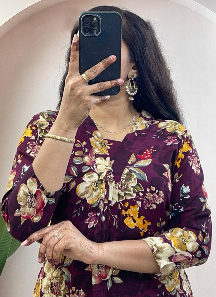 Burgundy Soft Rayon Cotton Floral Printed Cord Set