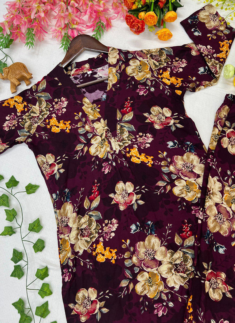 Burgundy Soft Rayon Cotton Floral Printed Cord Set