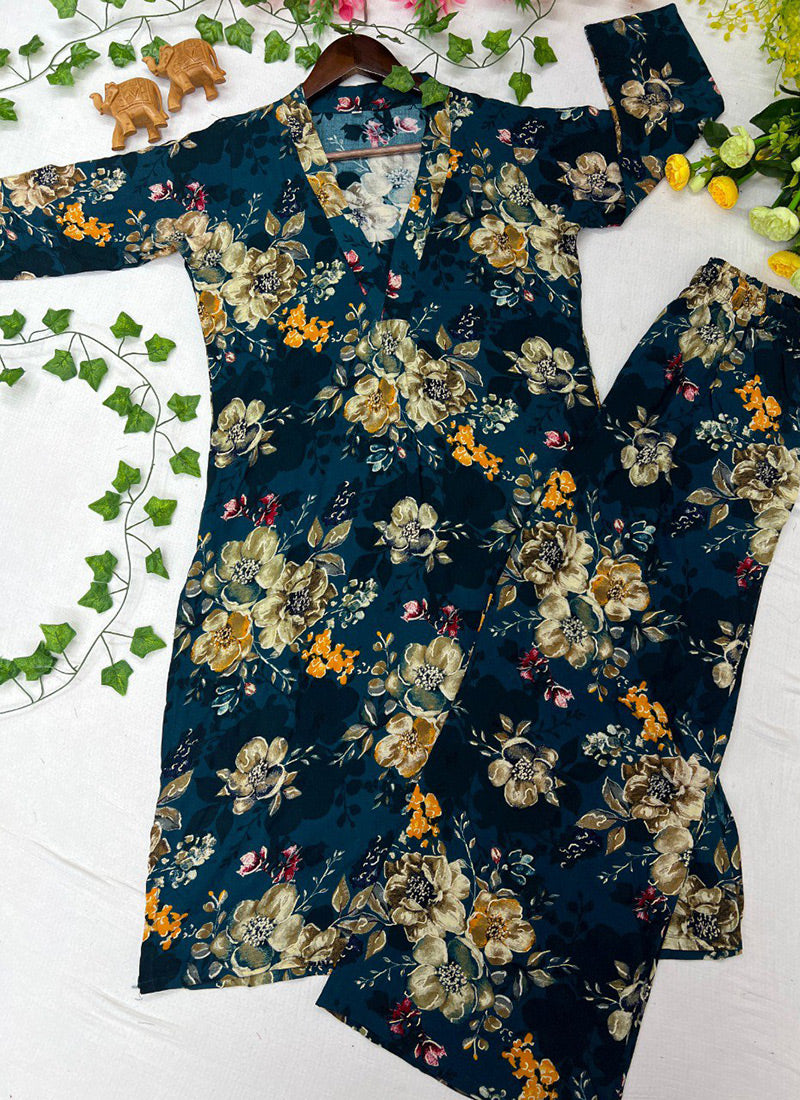 Deep Blue Soft Rayon Cotton Floral Printed Cord Set