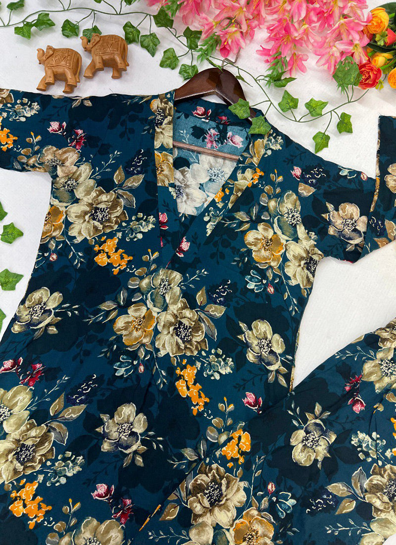 Deep Blue Soft Rayon Cotton Floral Printed Cord Set