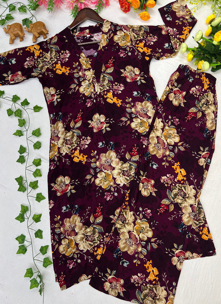 Burgundy Soft Rayon Cotton Floral Printed Cord Set