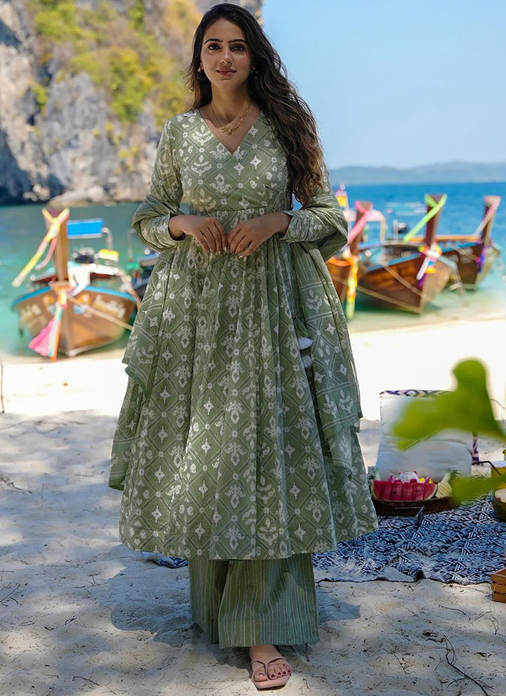 Pista Green Rayon Printed Anarkali Style Flared Kurta Set
